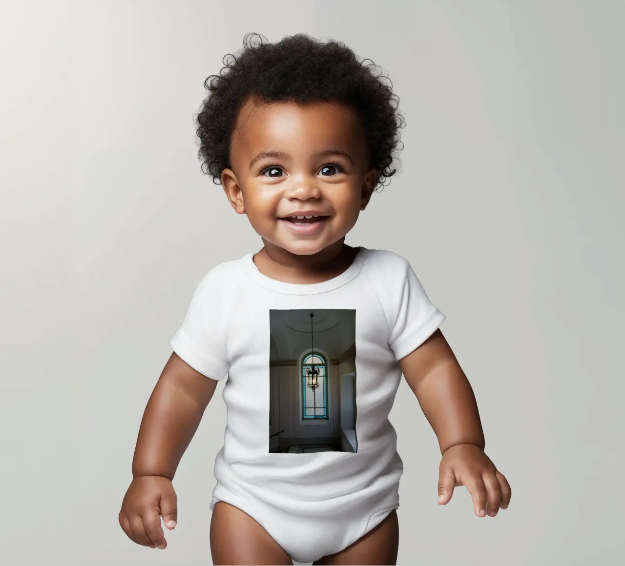 Lamp and window short-sleeve baby romper by Massimo Frascogna