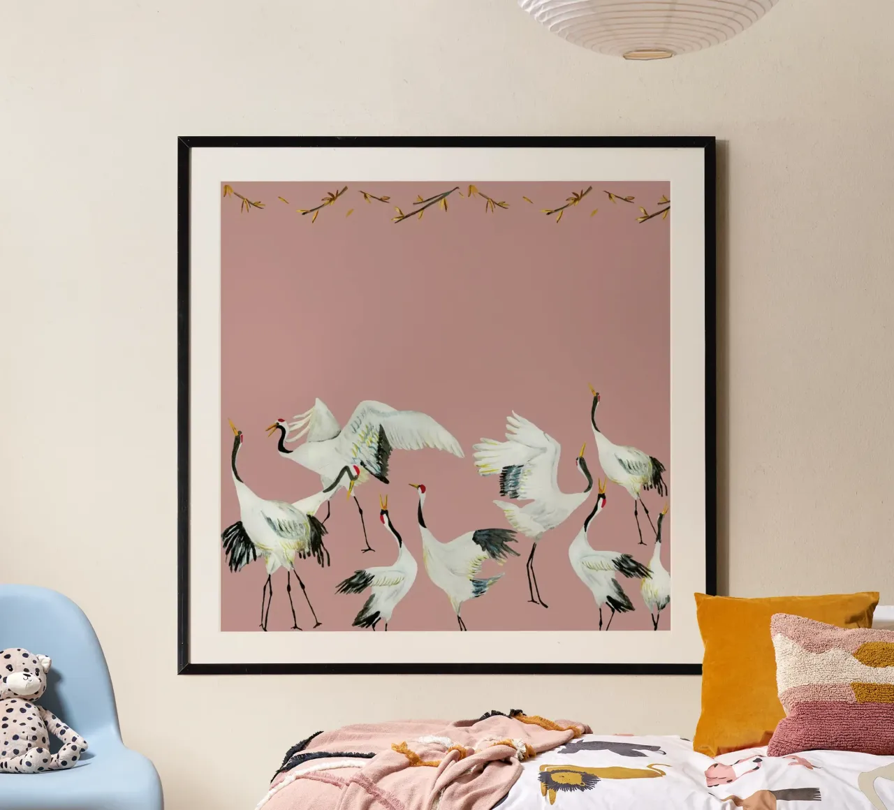 Japanese Crane Dance Pink poster con telaio in alluminio da Femke Zwaan