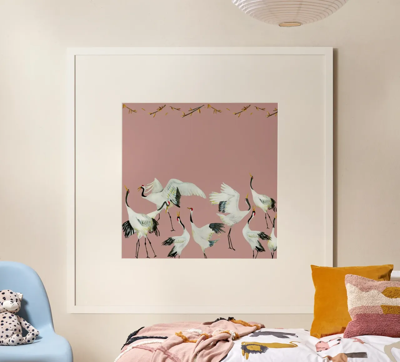 Japanese Crane Dance Pink poster con telaio in alluminio da Femke Zwaan