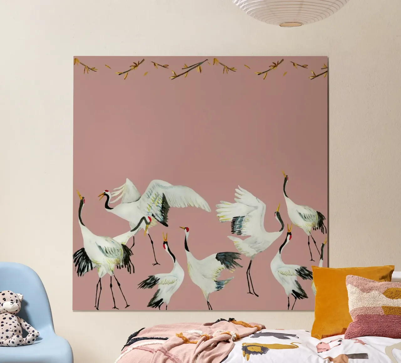 Japanese Crane Dance Pink poster con telaio in alluminio da Femke Zwaan