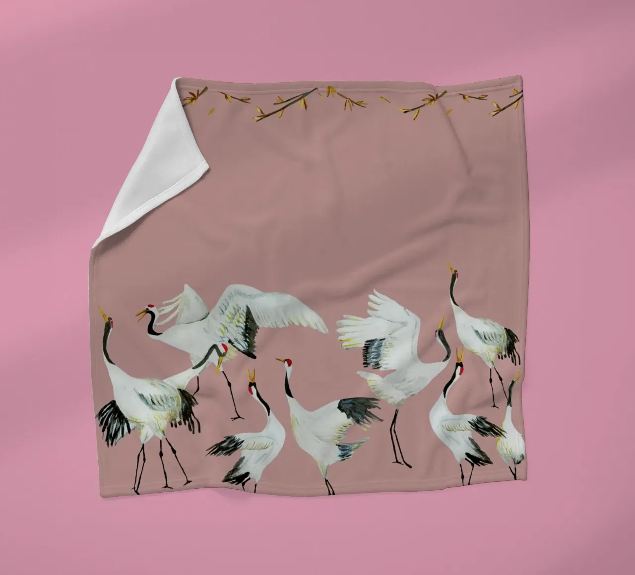 Japanese Crane Dance Pink fleece blanket by Femke Zwaan