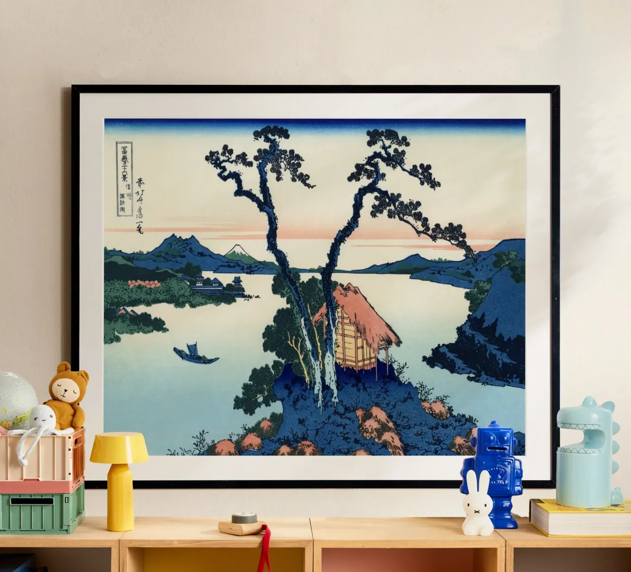 Hokusai Katsushika - Il lago Suwa nella provincia di Shinano poster con telaio in legno da Wirla