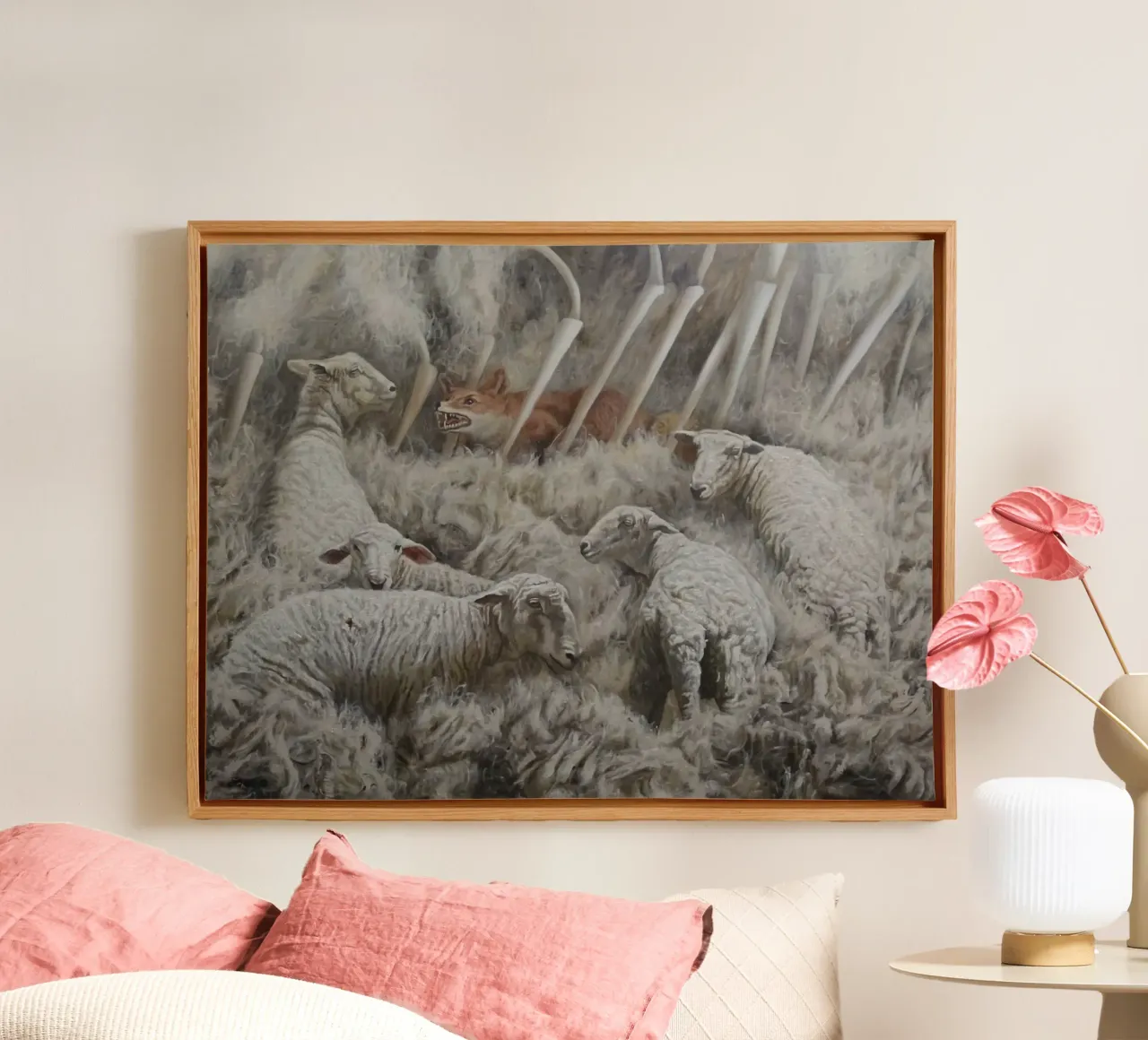 Sheep and Fox canvas with Floater frame by Birgitart