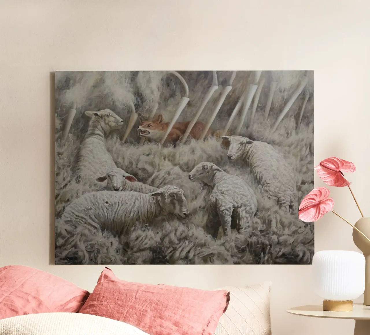 Sheep and Fox canvas with Floater frame by Birgitart