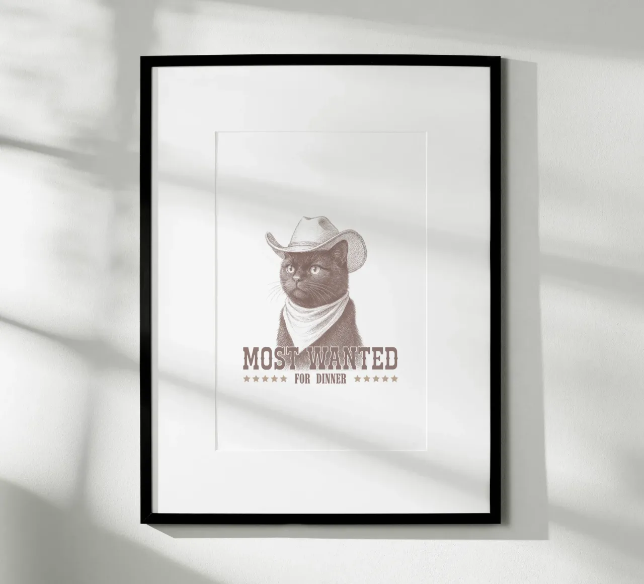 Il gatto cowboy più ricercato poster con telaio in legno da Jungle Joy Art
