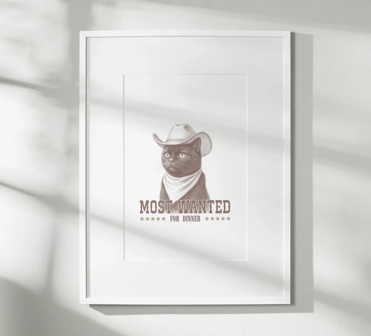 Il gatto cowboy più ricercato poster con telaio in legno da Jungle Joy Art