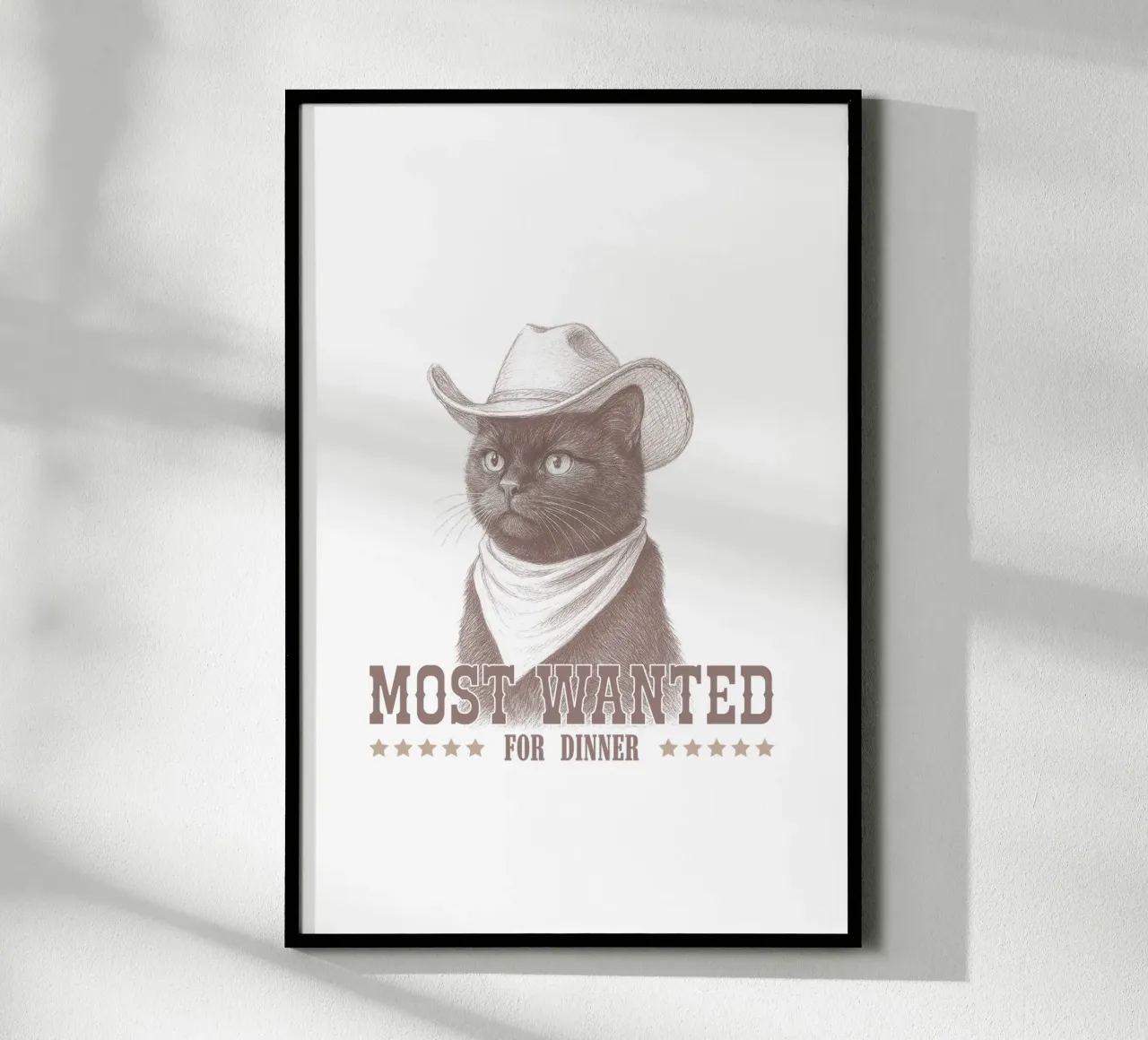 Il gatto cowboy più ricercato poster con telaio in legno da Jungle Joy Art