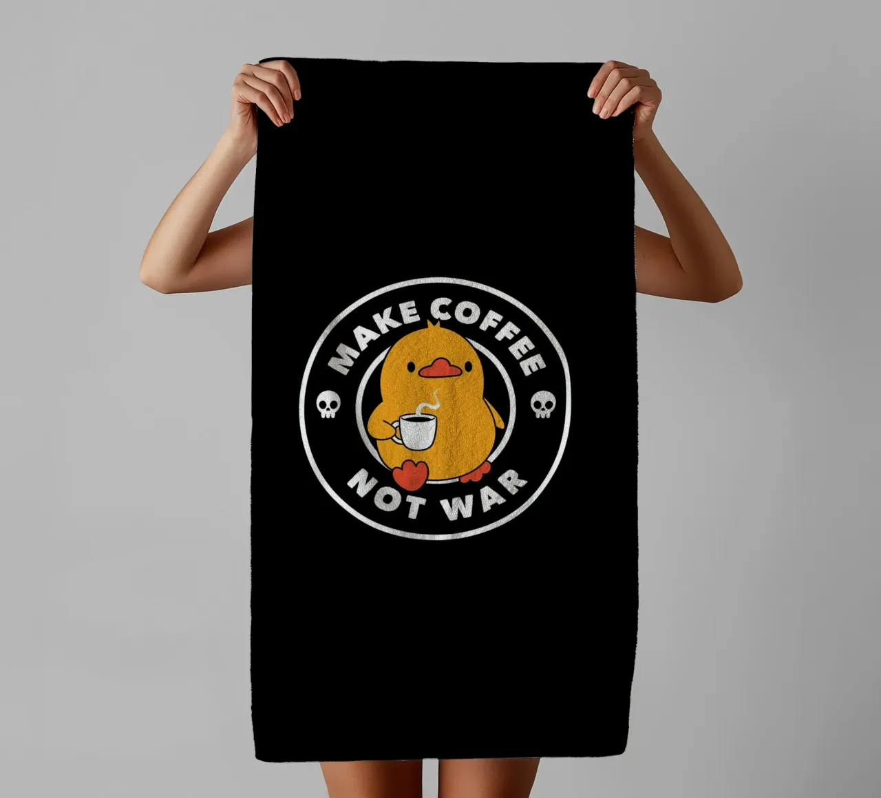 Make Coffee Not War Funny Duck towel by Tobe Fonseca