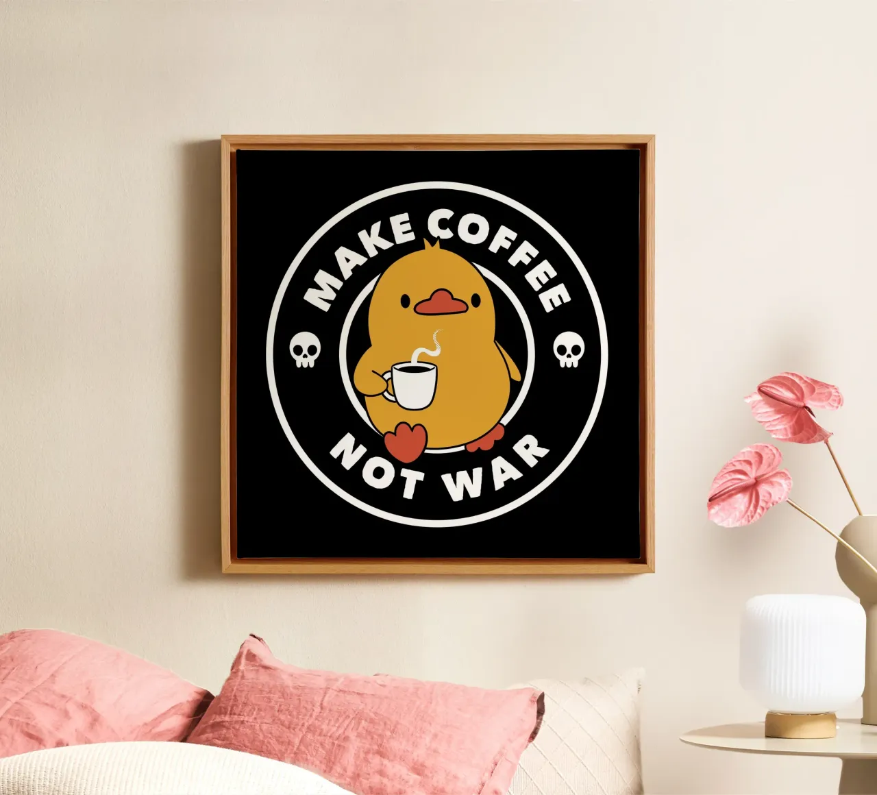 Make Coffee Not War Funny Duck canvas with Floater frame by Tobe Fonseca