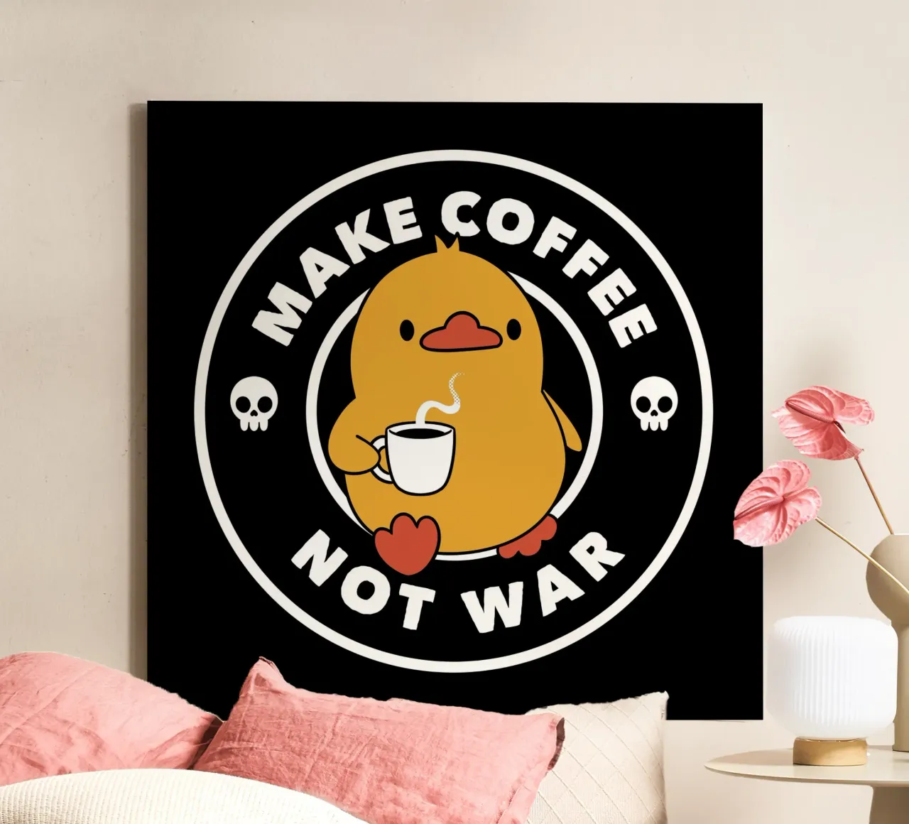 Make Coffee Not War Funny Duck canvas with Floater frame by Tobe Fonseca