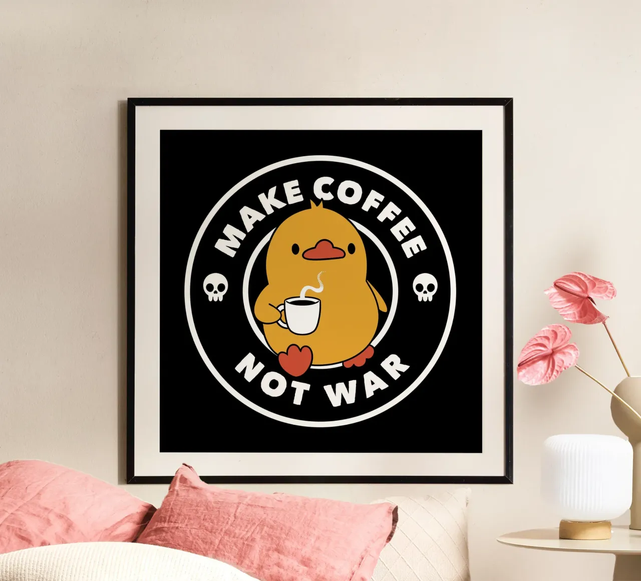 Fare il caffè non la guerra Anatra divertente poster da Tobe Fonseca