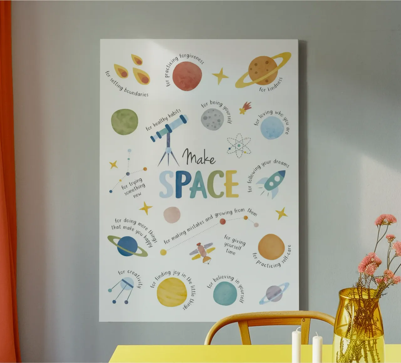 Poster spaziale, stampa Mindfulness, arte murale per bambini, arte della stanza dei giochi tela con Cornice a cassetta da ABC Prints