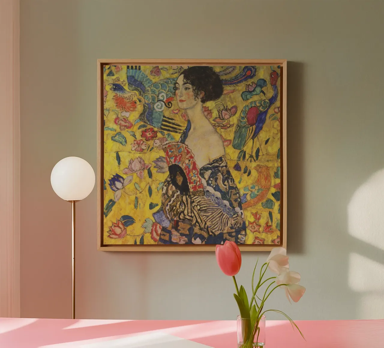 Gustav Klimt Dame met waaier canvas met Baklijst van 50 masterpieces