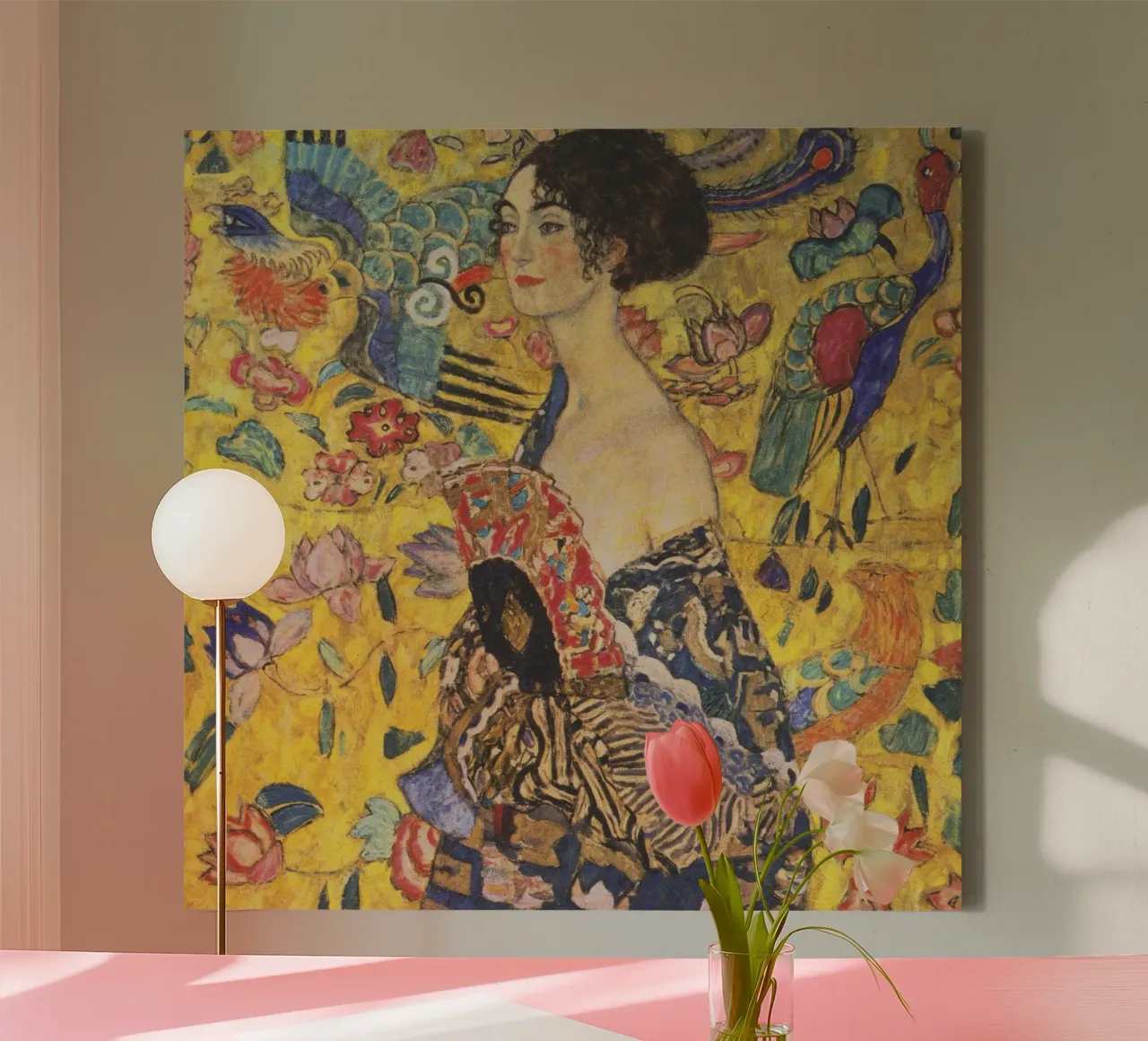 Gustav Klimt Dame met waaier canvas met Baklijst van 50 masterpieces