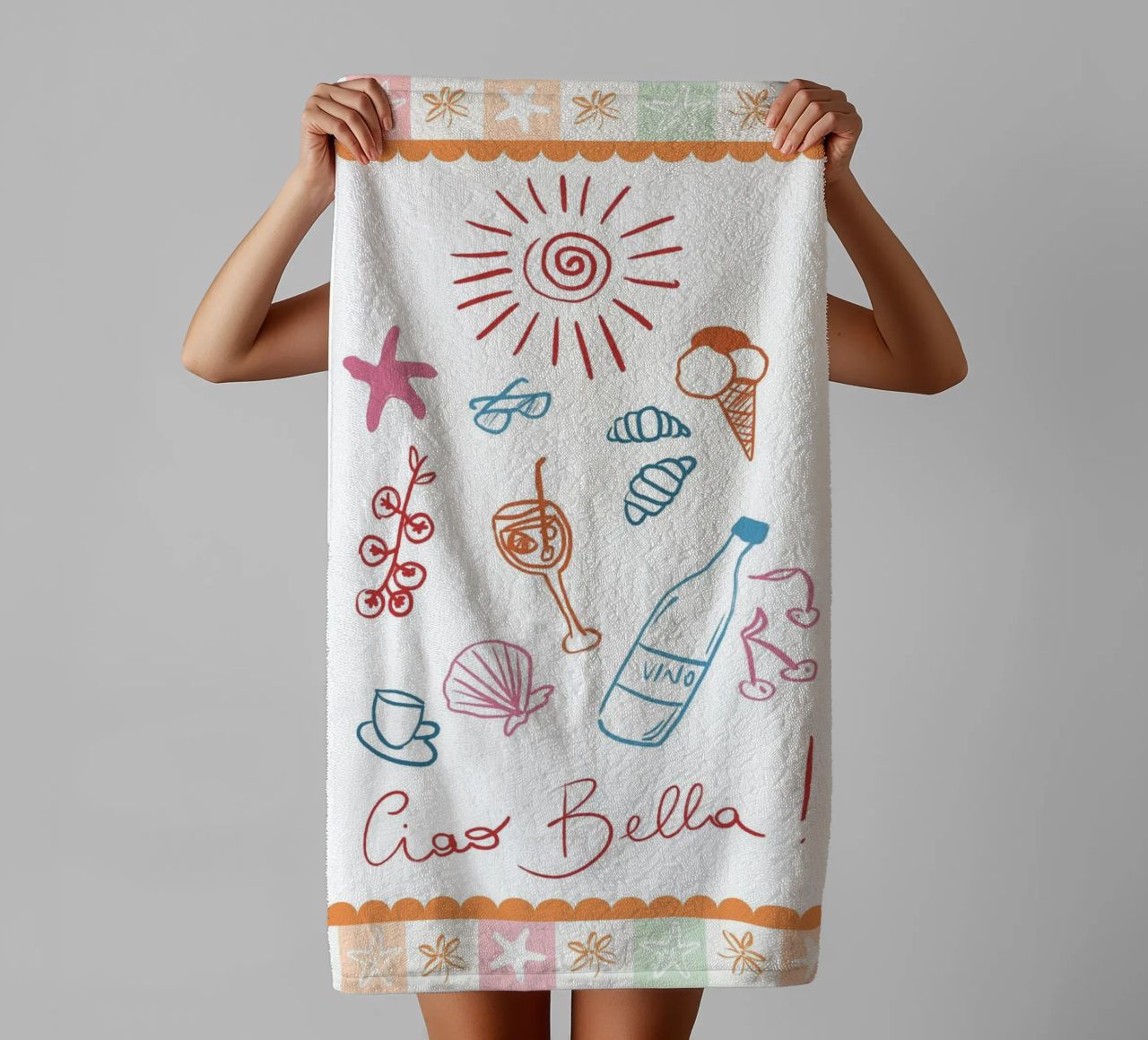 Ciao Bella, stampa icone Italia, poster colorato asciugamano da bagno da DolceVita