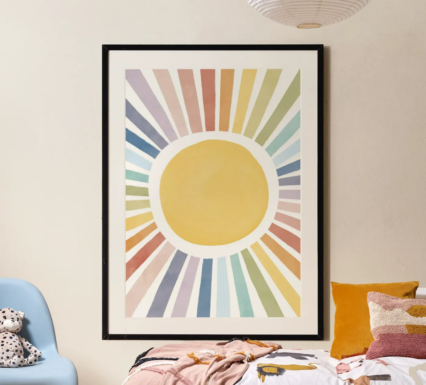 Rainbow Sun Print, Sun Ray Poster, Cute Pastel Sun kids Art poster by Little Lola