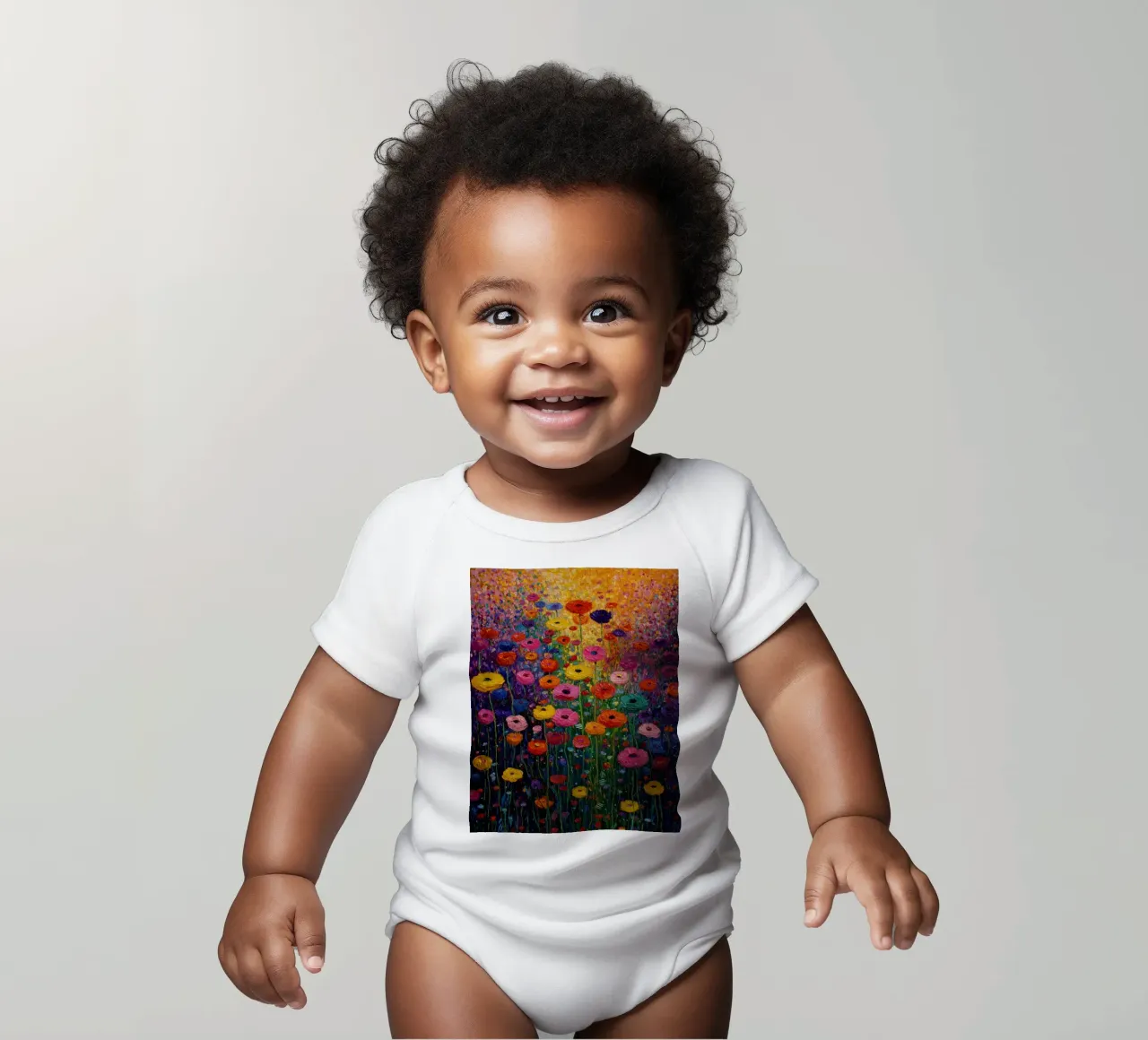 Meadow full of flowers, style Gustav Klimt short-sleeve baby romper by Mateo