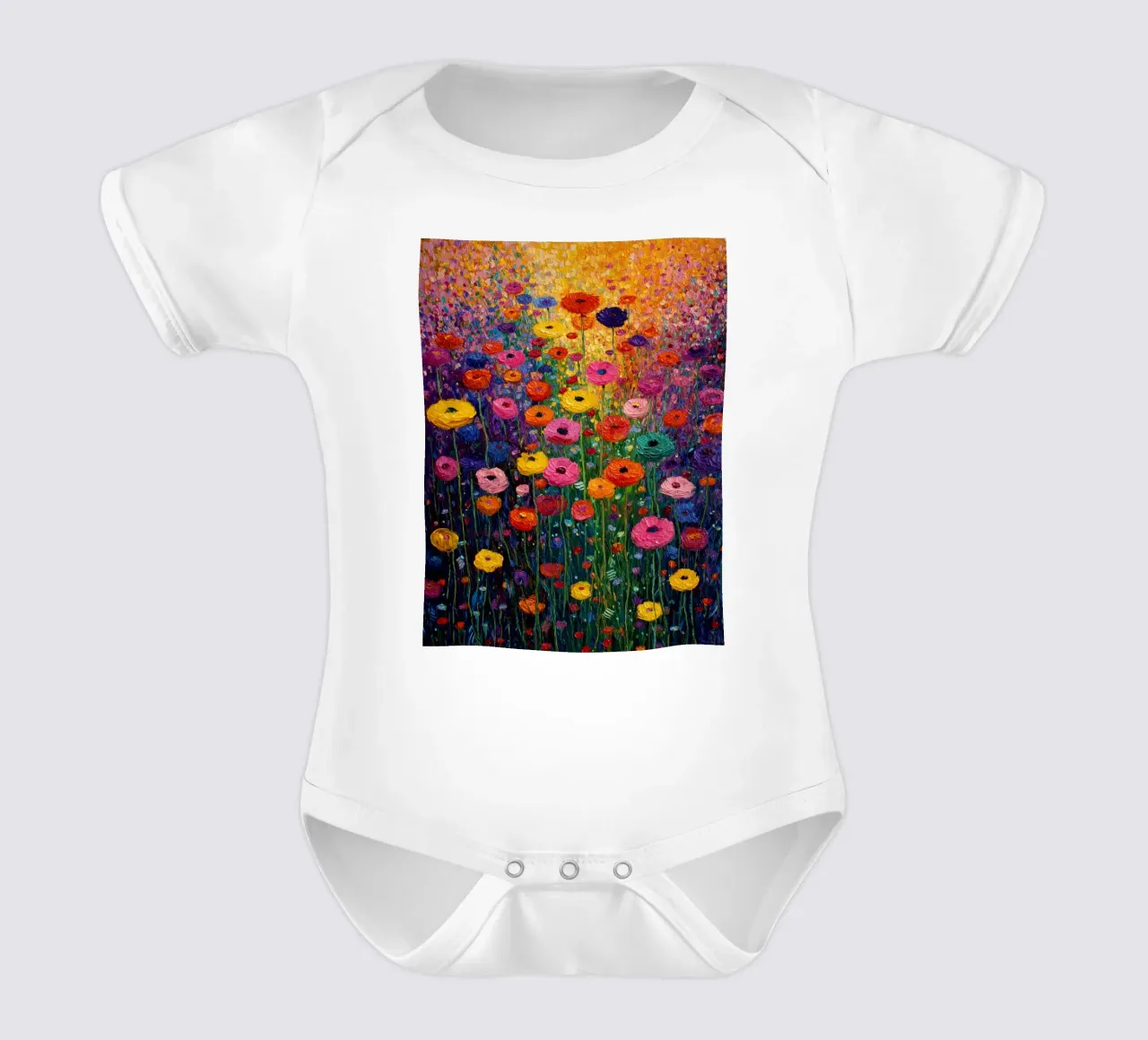 Meadow full of flowers, style Gustav Klimt short-sleeve baby romper by Mateo
