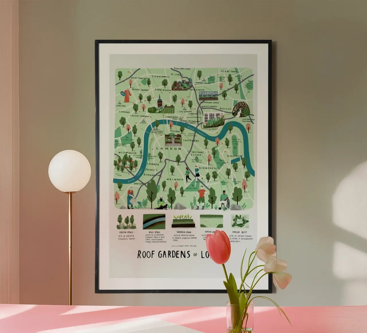 Mappa dei giardini pensili di Londra poster con telaio in legno da Alex Foster