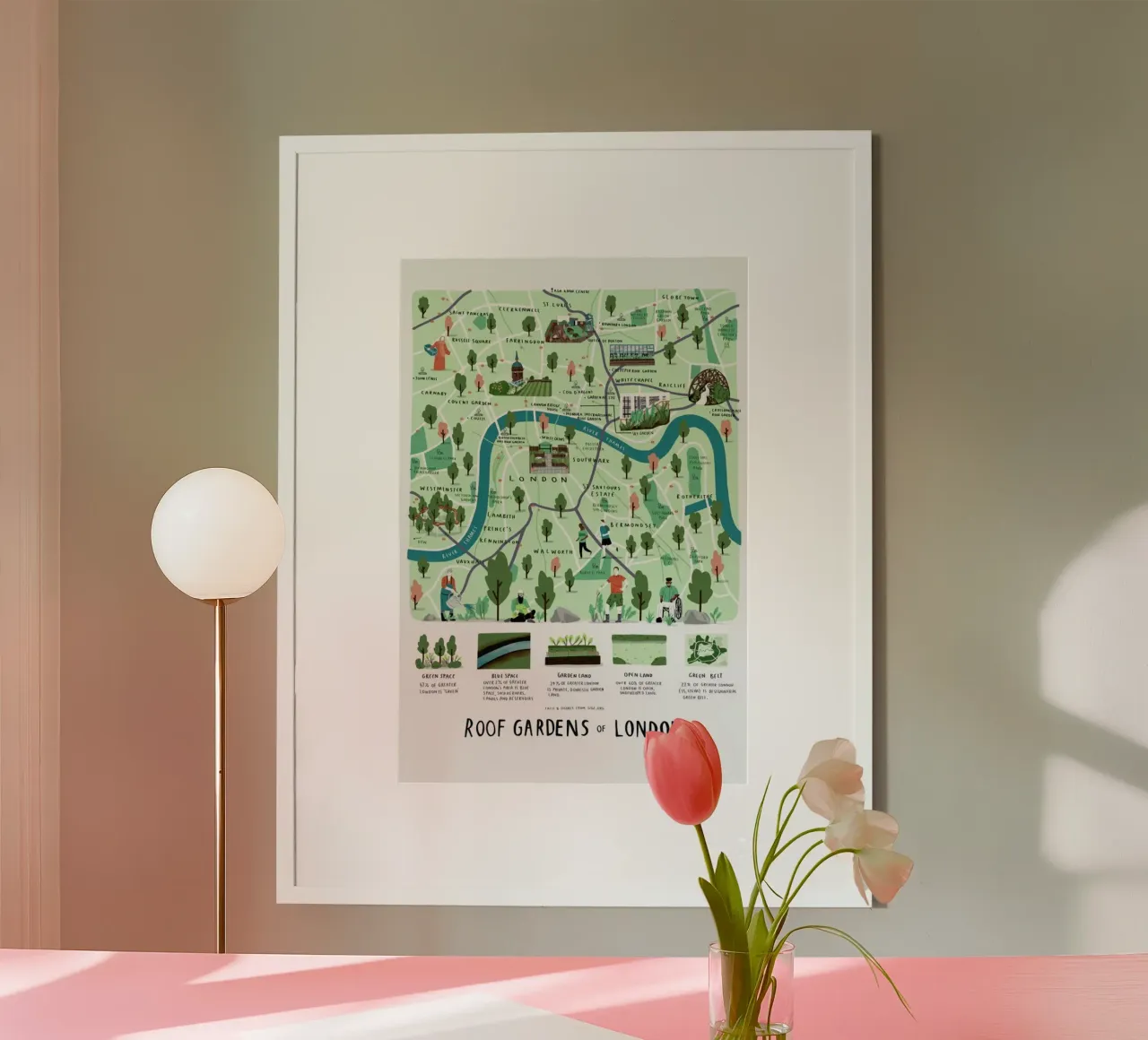 Mappa dei giardini pensili di Londra poster con telaio in legno da Alex Foster