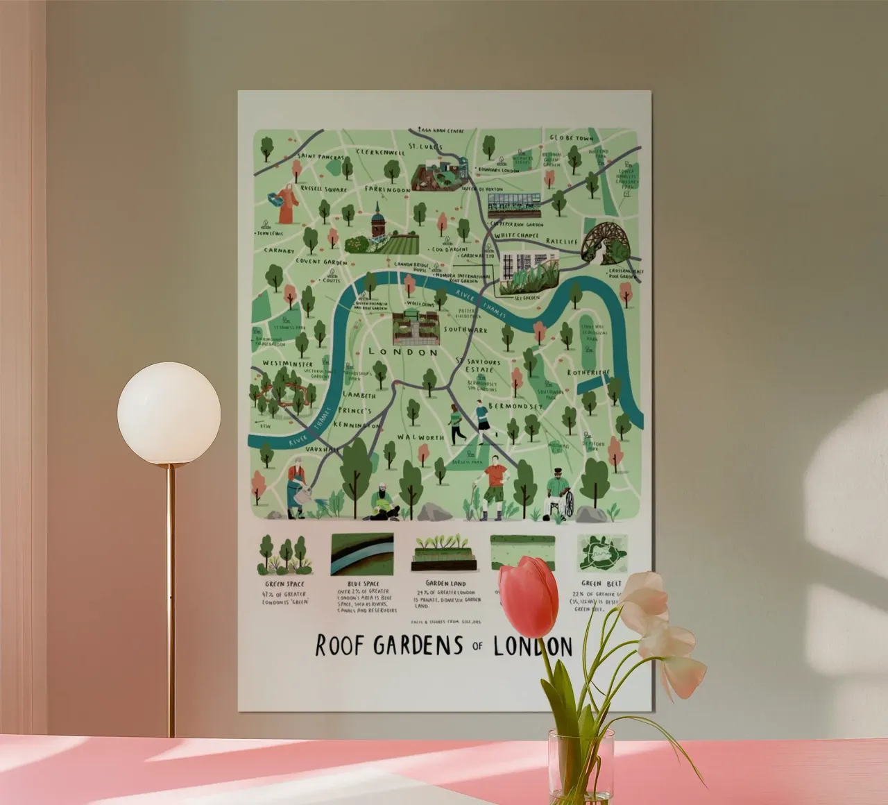 Mappa dei giardini pensili di Londra poster con telaio in legno da Alex Foster