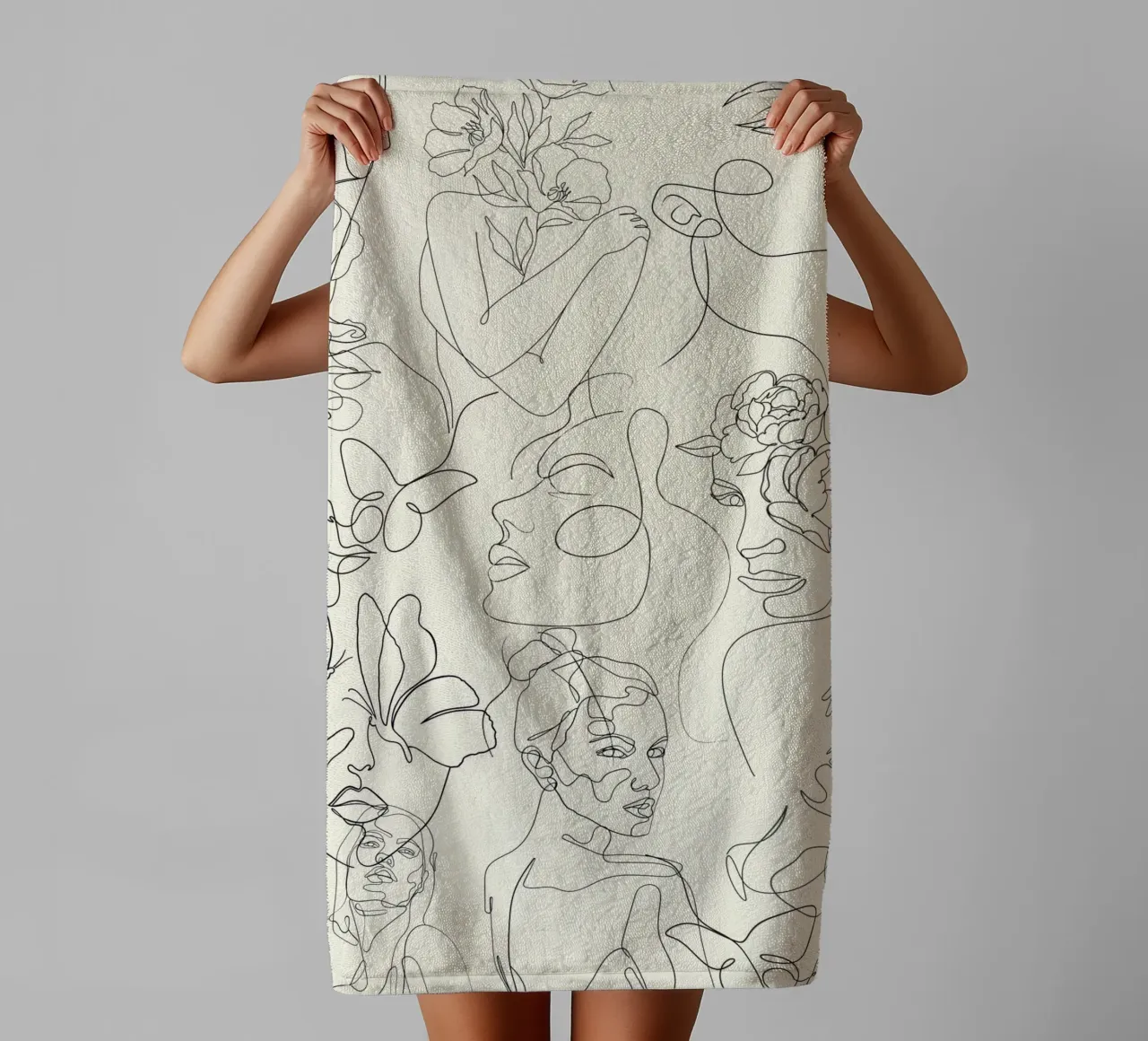 Minimalist Line Art Abstract Faces Flowers Poster towel by NorwesClub
