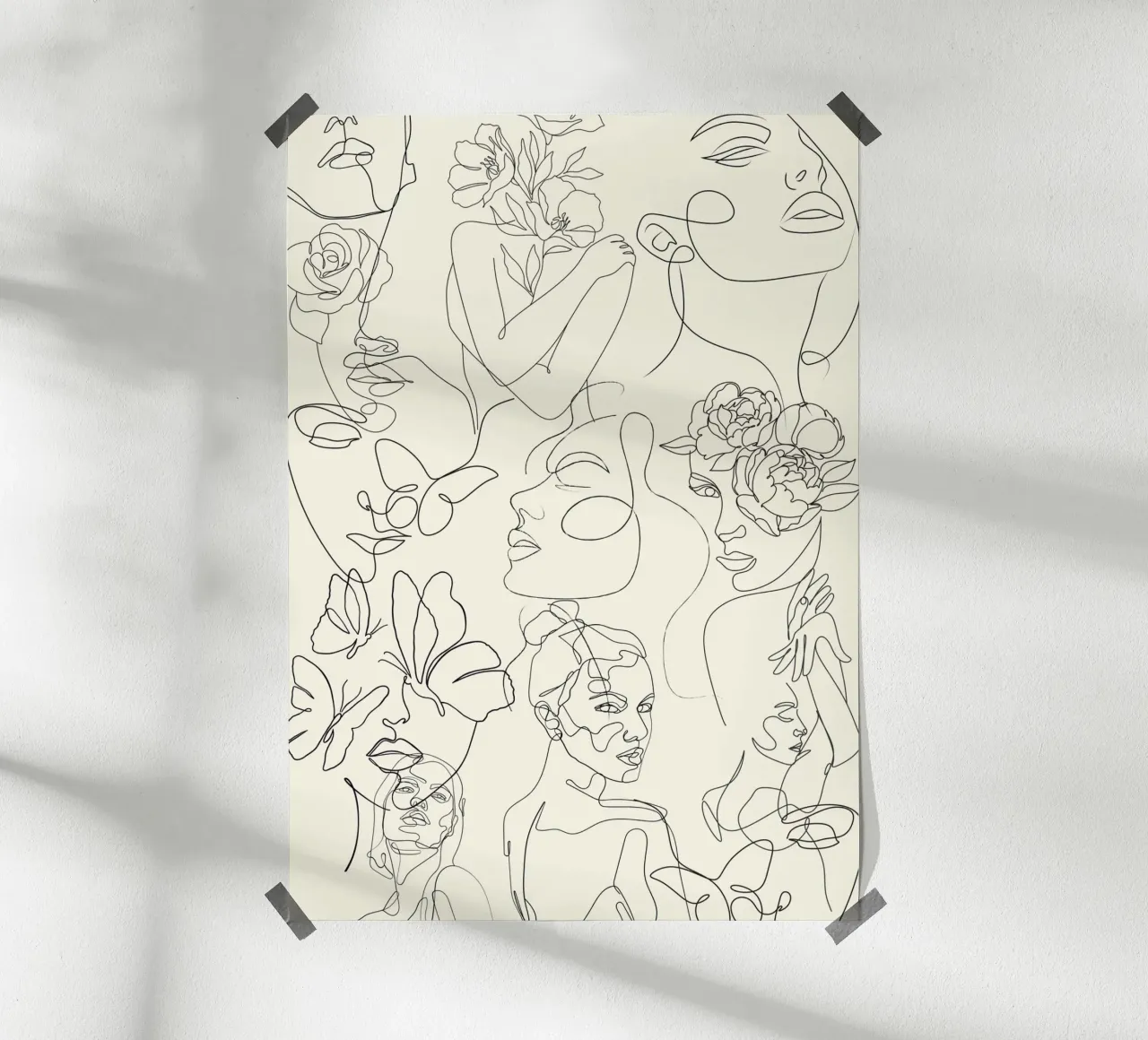 Poster Minimalista Line Art Astratto Volti Fiori poster con telaio in alluminio da NorwesClub