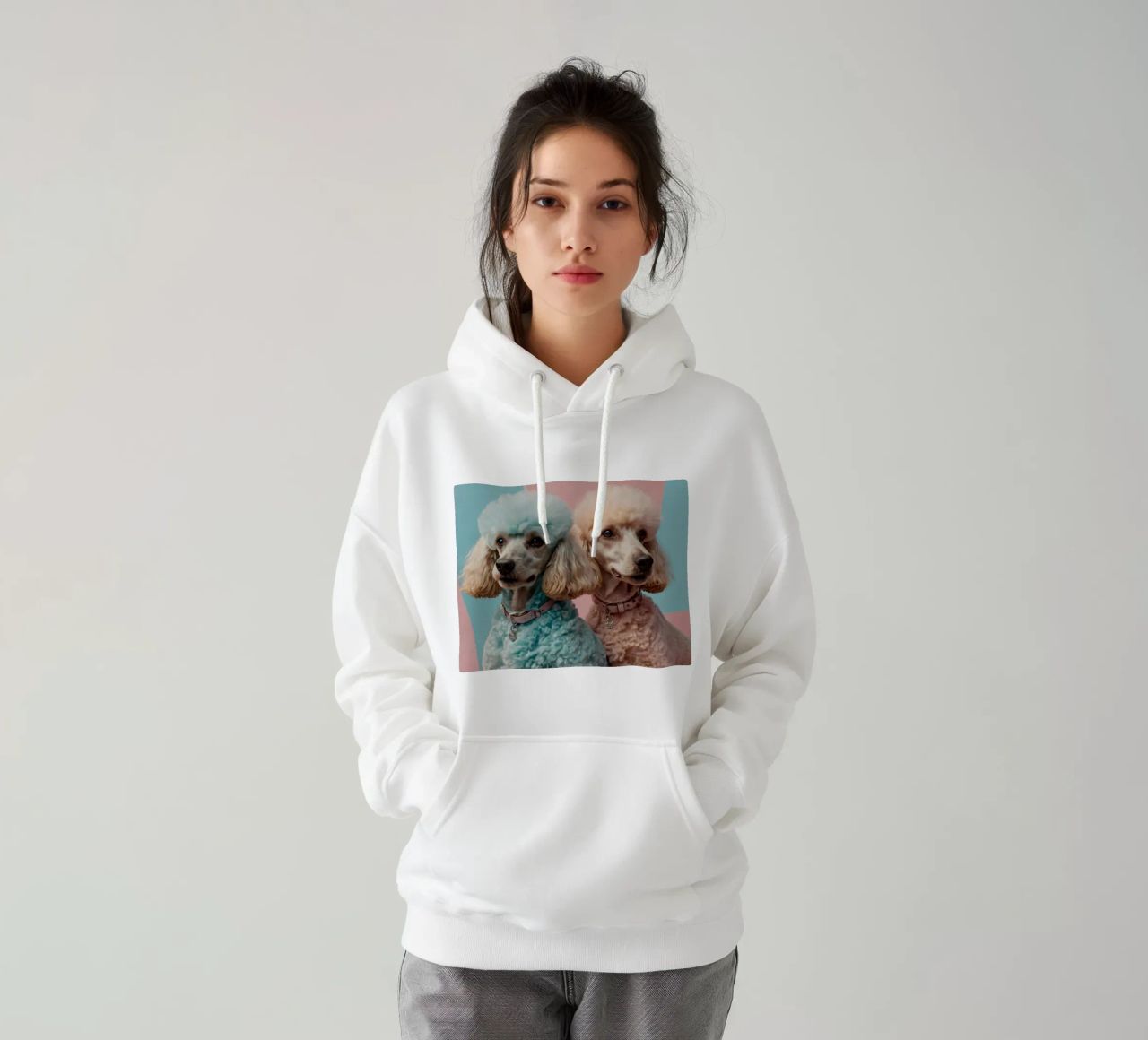 Dos coloridos caniches posan juntos frente a un pastel sudadera con capucha de DesignDoodle