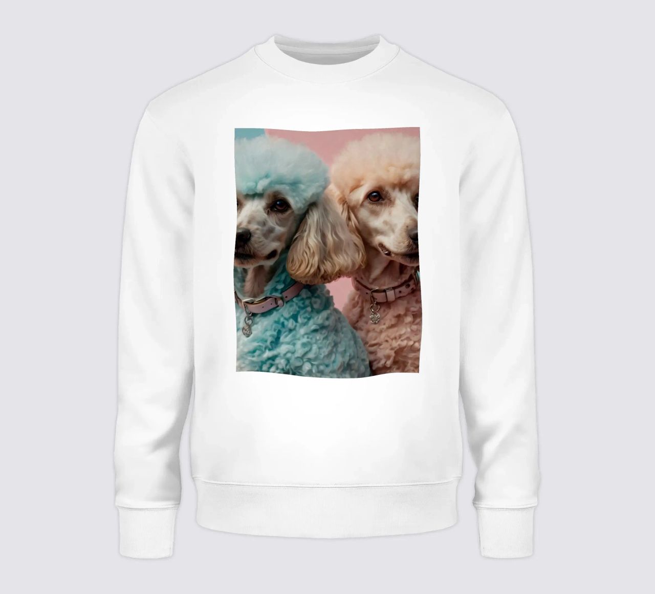 Dos coloridos caniches posan juntos frente a un pastel sudadera de DesignDoodle