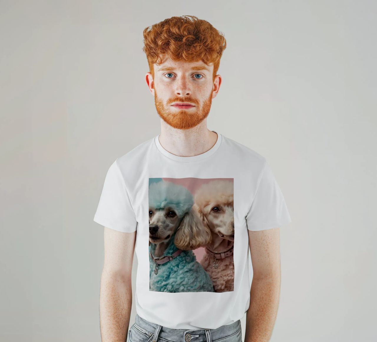 Dos coloridos caniches posan juntos frente a un pastel camiseta de DesignDoodle