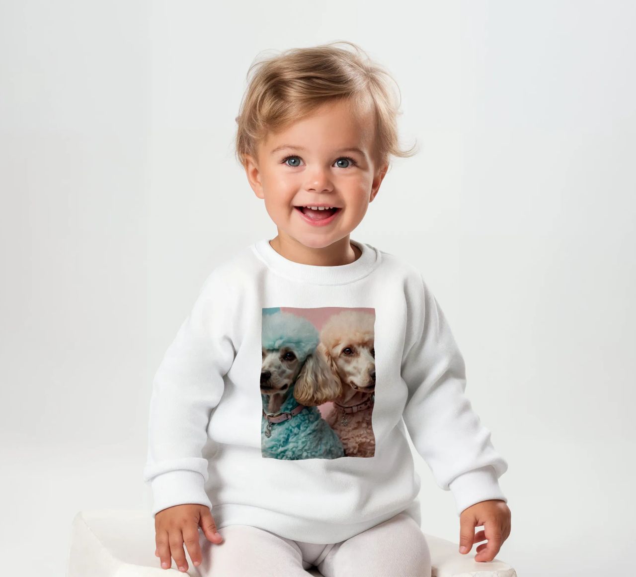 Dos coloridos caniches posan juntos frente a un pastel sudadera de bebé de DesignDoodle