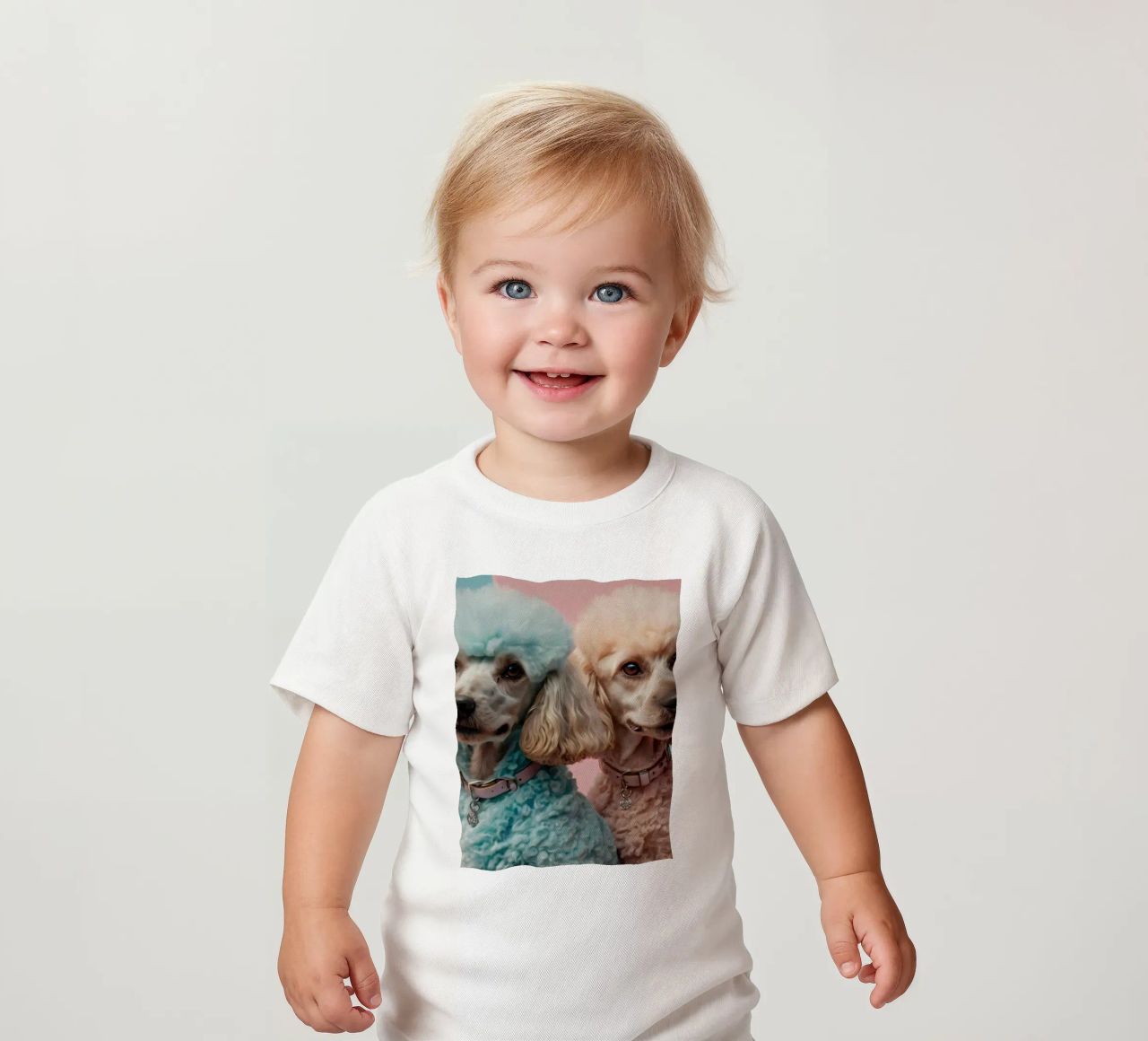 Dos coloridos caniches posan juntos frente a un pastel camiseta de bebé de DesignDoodle
