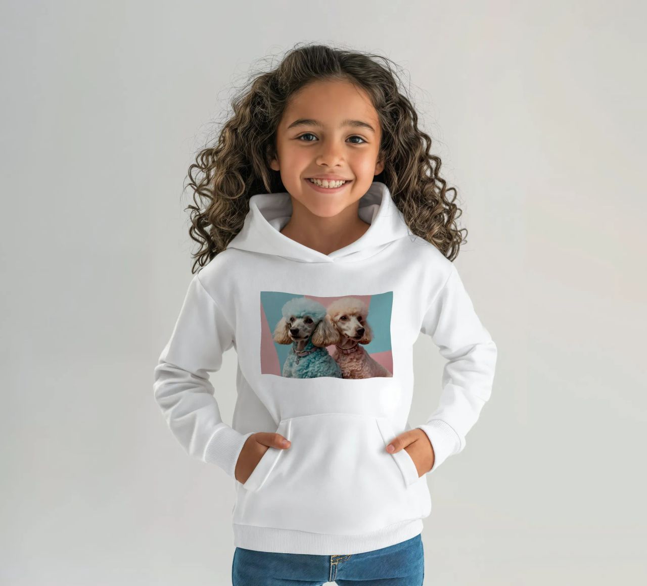 Dos coloridos caniches posan juntos frente a un pastel sudadera con capucha para niño de DesignDoodle