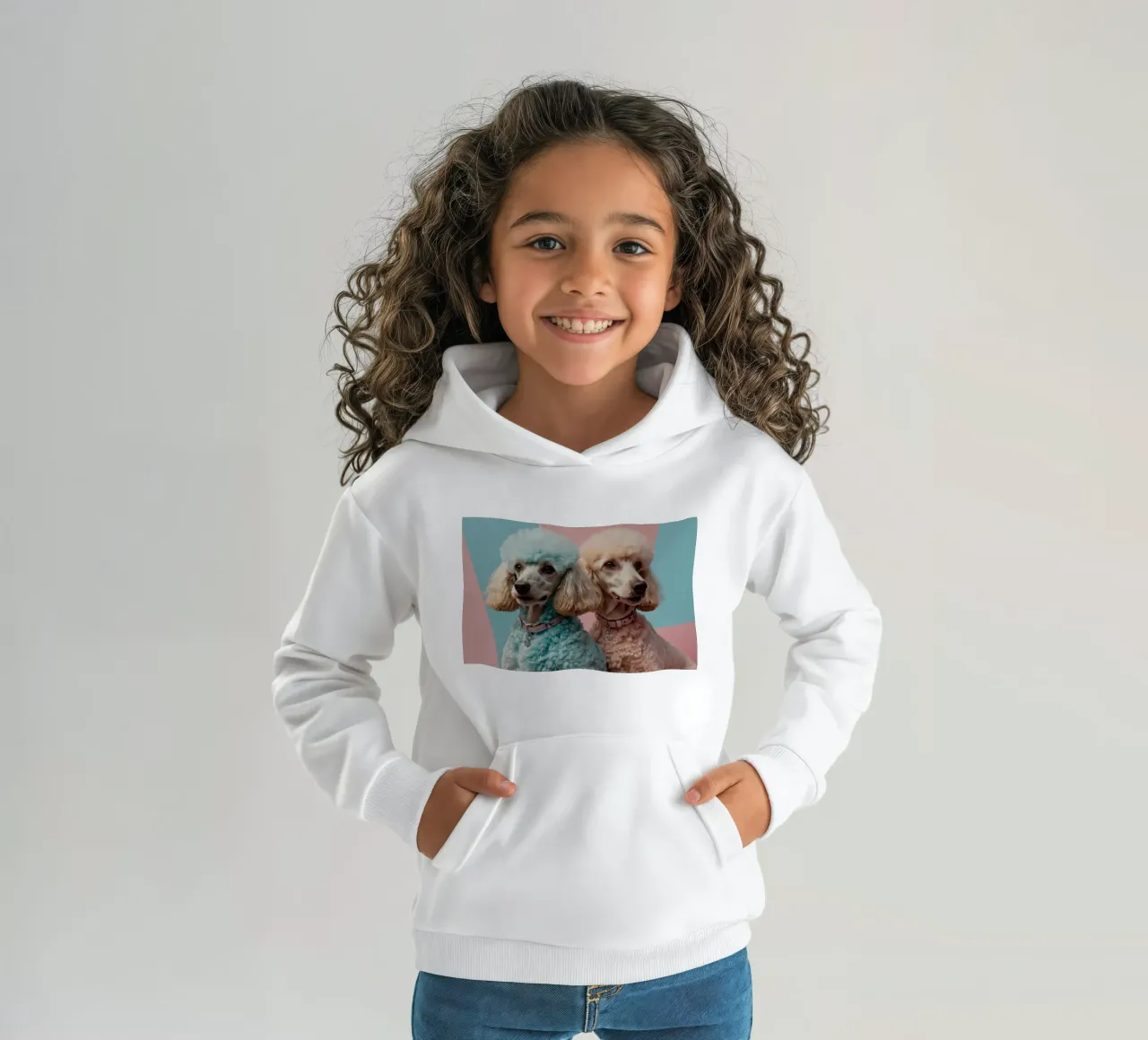 Due barboncini colorati che posano insieme su un sfondo pastello felpa bambino con cappuccio da DesignDoodle