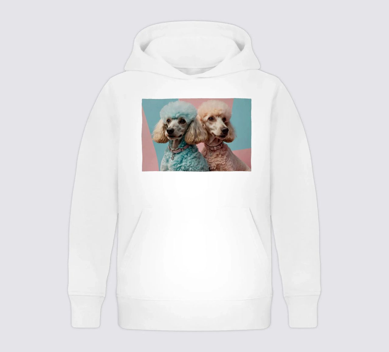 Dos coloridos caniches posan juntos frente a un pastel sudadera con capucha para niño de DesignDoodle