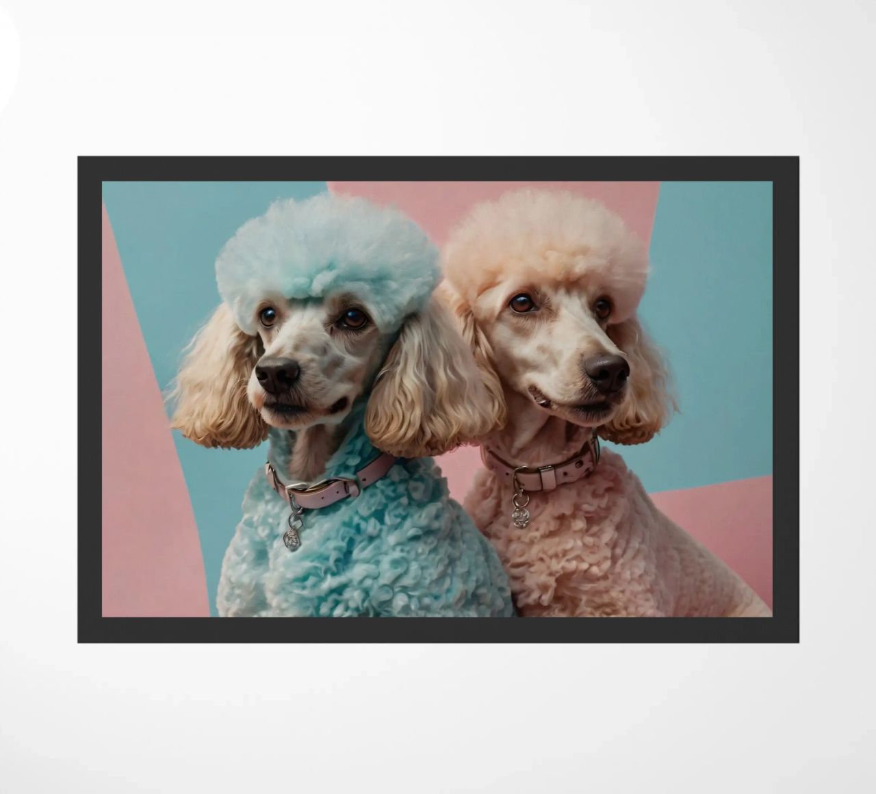 Dos coloridos caniches posan juntos frente a un pastel felpudo de DesignDoodle