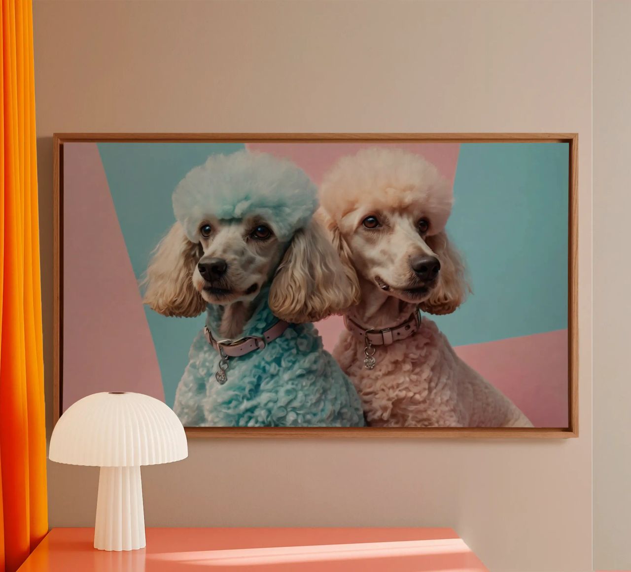 Dos coloridos caniches posan juntos frente a un pastel lienzo de DesignDoodle