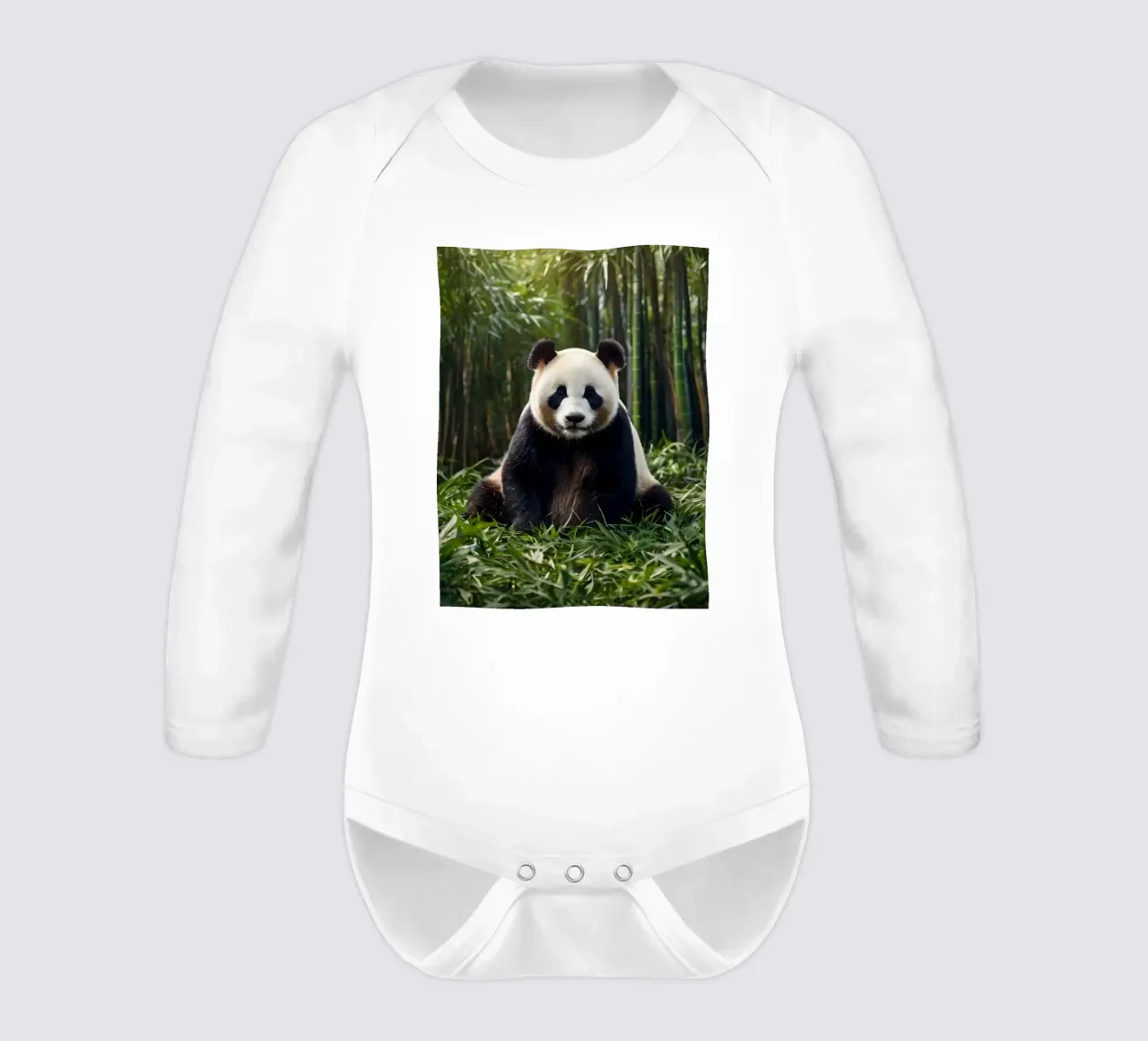 Panda resting among lush bamboo in a serene forest long-sleeve baby romper by DesignDoodle