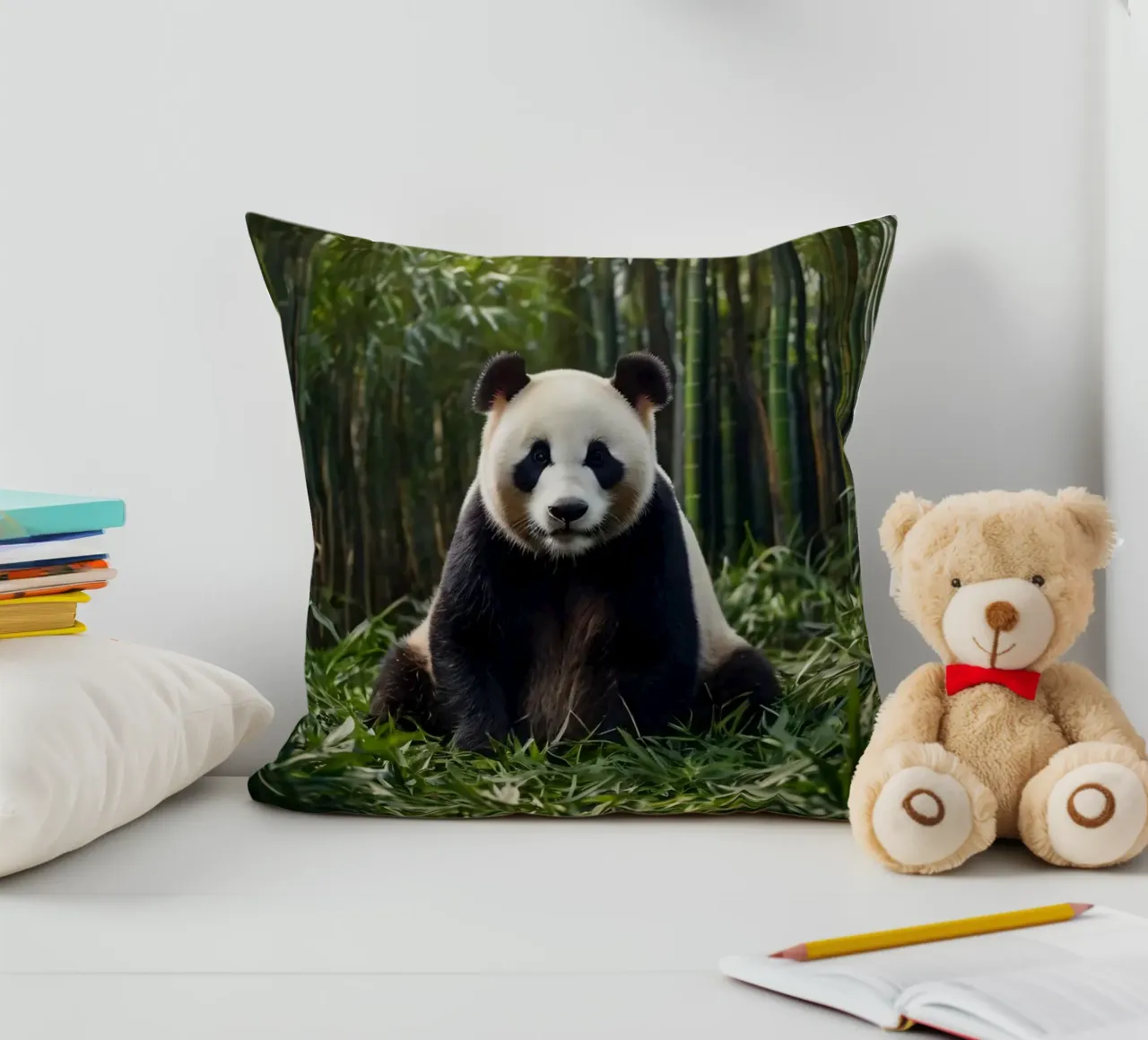 Panda che riposa tra i lussureggianti bambù di una foresta serena cuscino da DesignDoodle