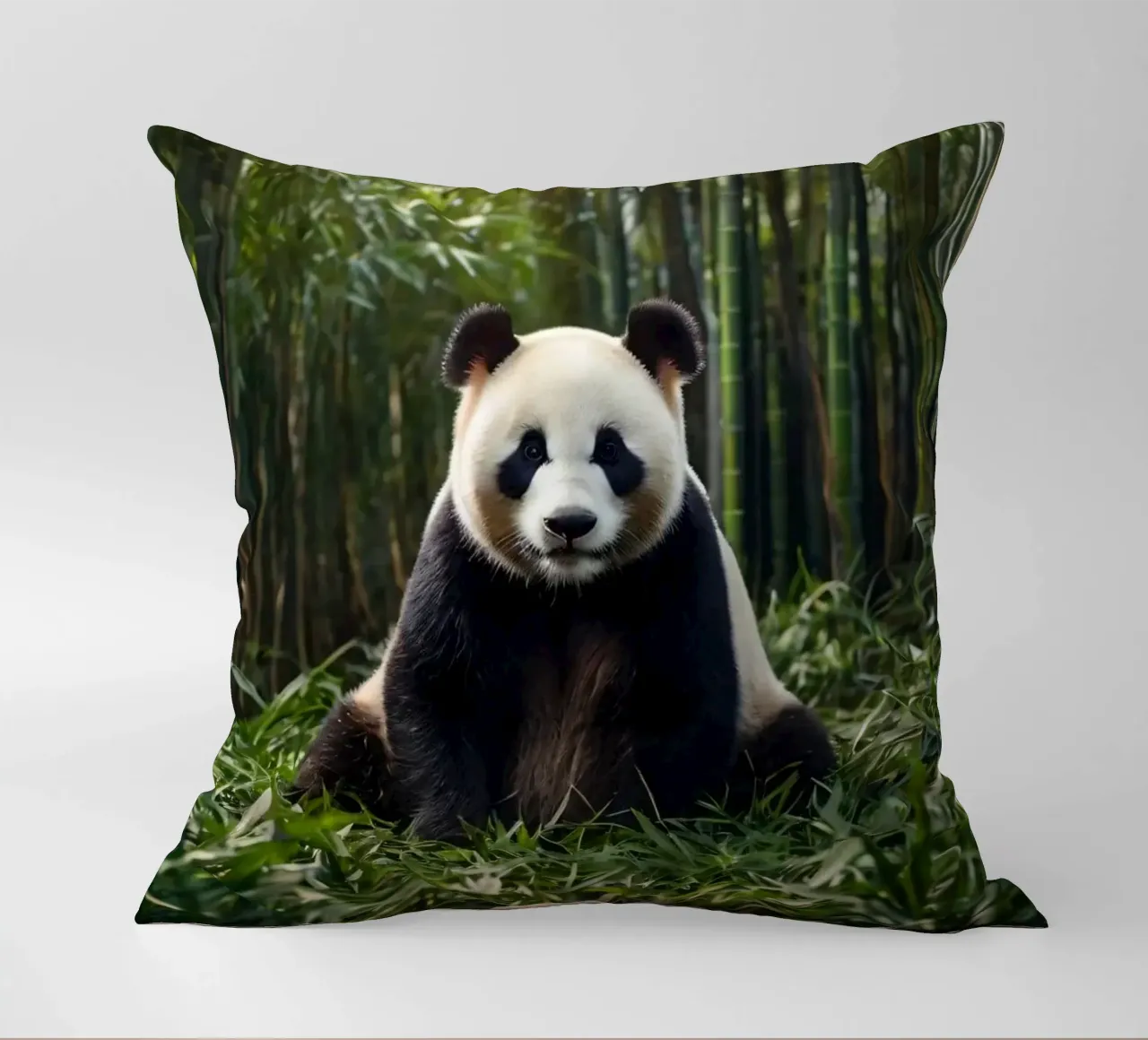 Panda che riposa tra i lussureggianti bambù di una foresta serena cuscino da DesignDoodle