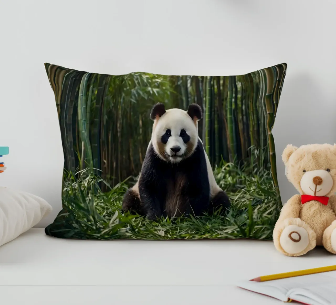 Panda che riposa tra i lussureggianti bambù di una foresta serena cuscino da DesignDoodle