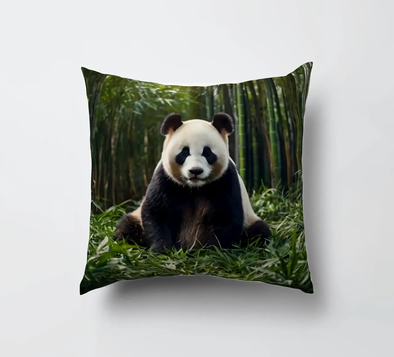 Panda che riposa tra i lussureggianti bambù di una foresta serena cuscino da DesignDoodle