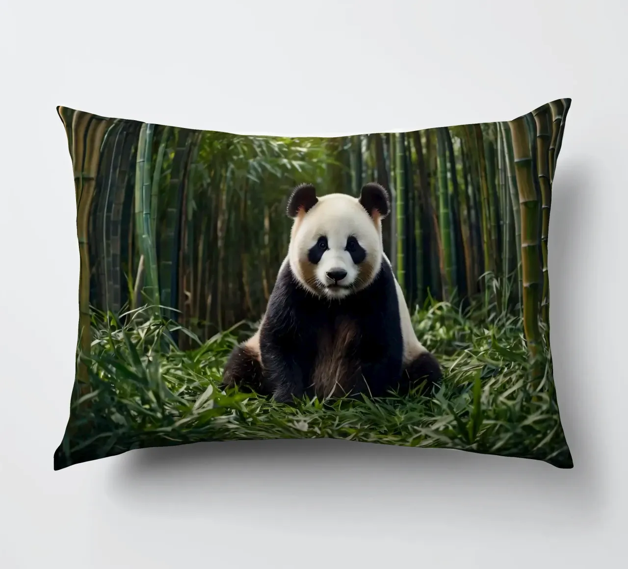 Panda che riposa tra i lussureggianti bambù di una foresta serena cuscino da DesignDoodle