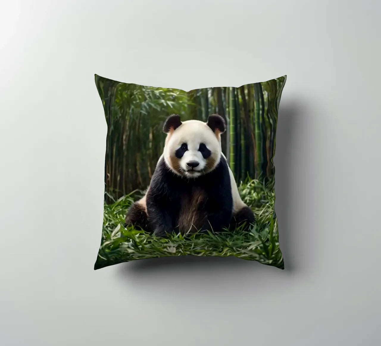 Panda che riposa tra i lussureggianti bambù di una foresta serena cuscino da DesignDoodle