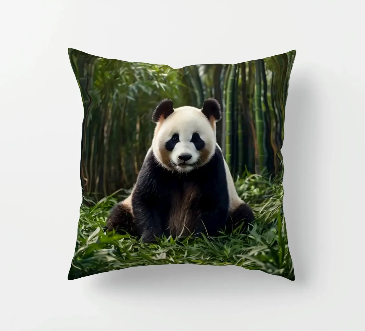 Panda che riposa tra i lussureggianti bambù di una foresta serena cuscino da DesignDoodle