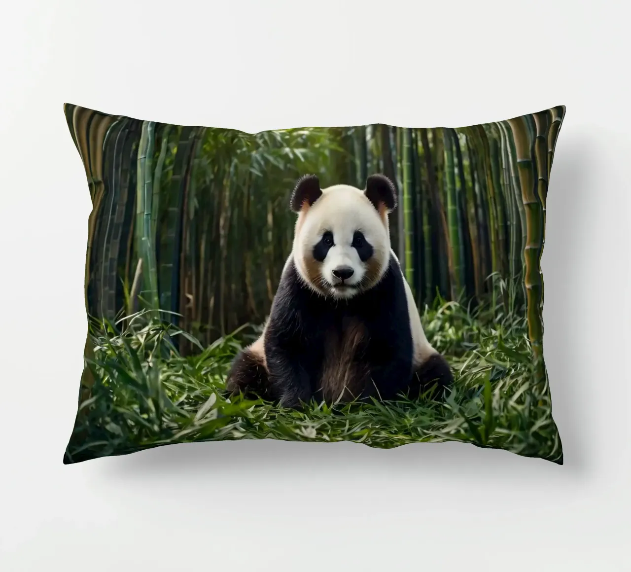 Panda che riposa tra i lussureggianti bambù di una foresta serena cuscino da DesignDoodle