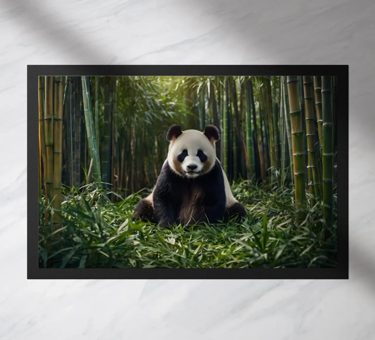 Panda che riposa tra i lussureggianti bambù di una foresta serena zerbino da DesignDoodle