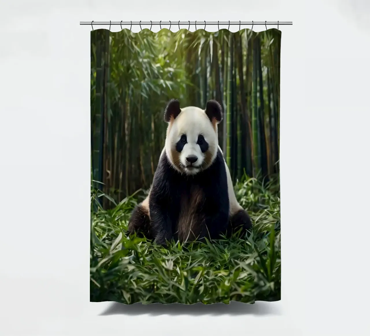 Panda ruht inmitten von üppigem Bambus in einem ruhigen Wald Duschvorhang von DesignDoodle