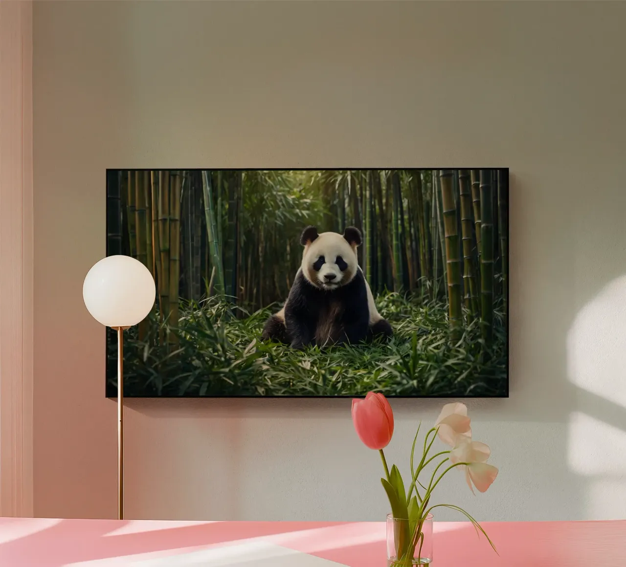 Panda che riposa tra i lussureggianti bambù di una foresta serena plexiglass da DesignDoodle