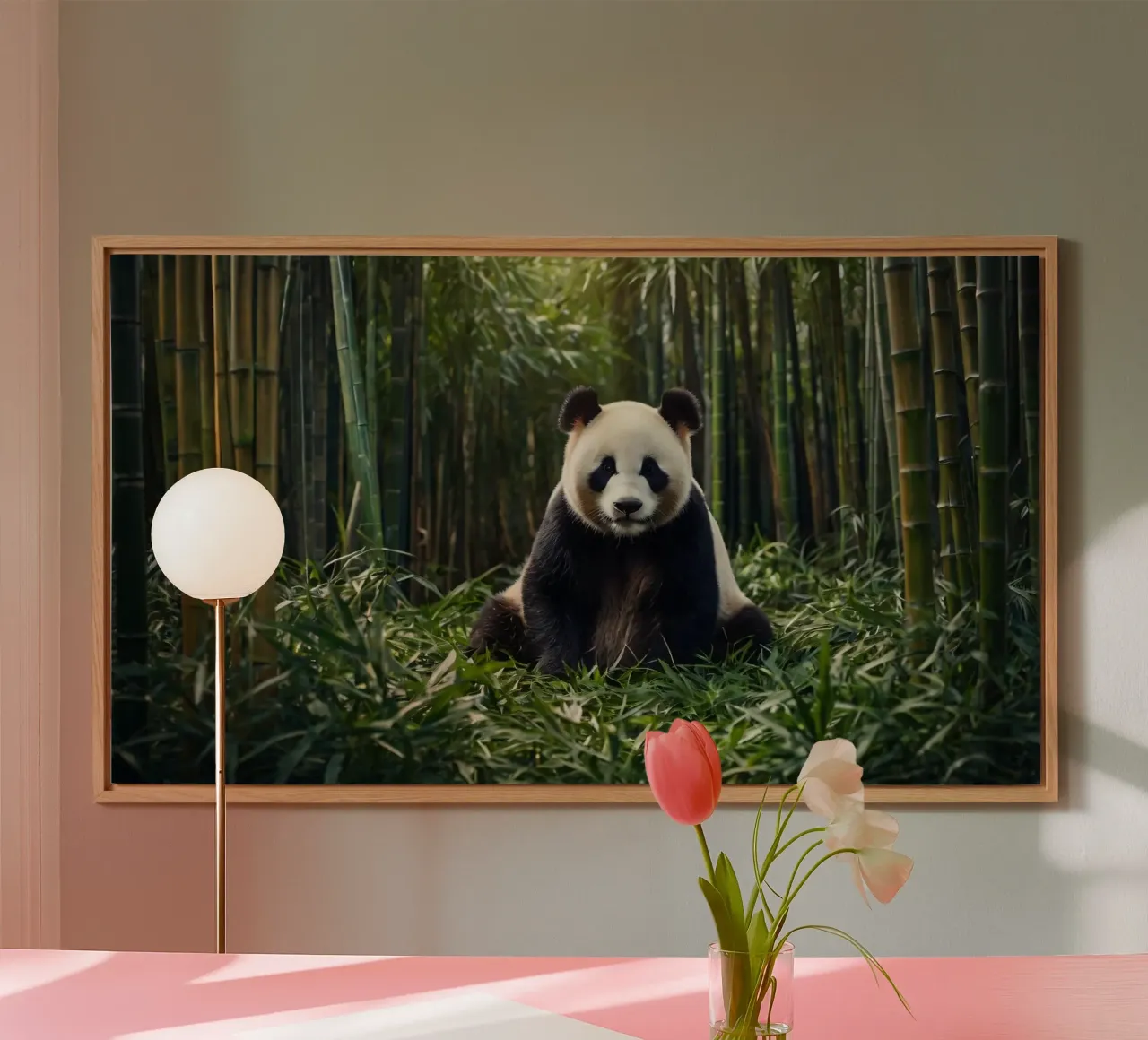 Panda che riposa tra i lussureggianti bambù di una foresta serena alluminio dibond da DesignDoodle